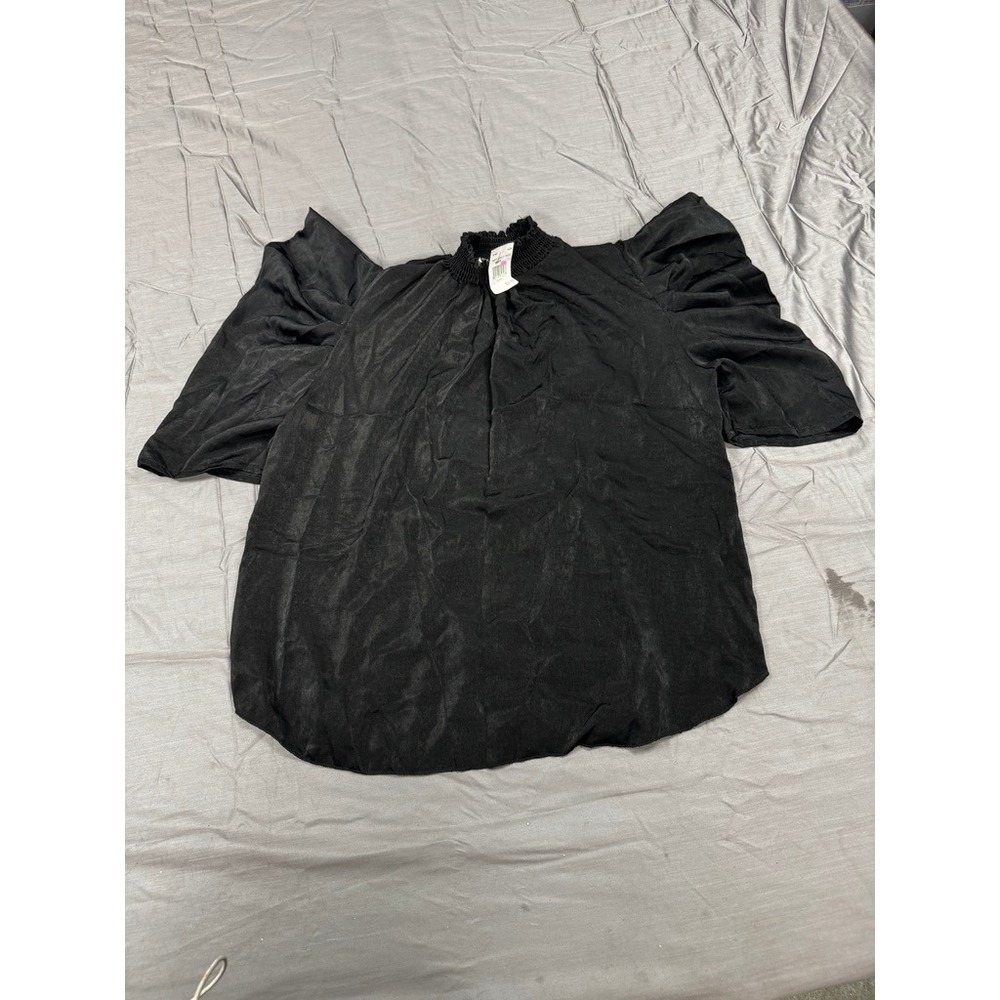 NY Invasion Womens Black Smocked High Neck Puff Sleeve Satin Blouse 2X New